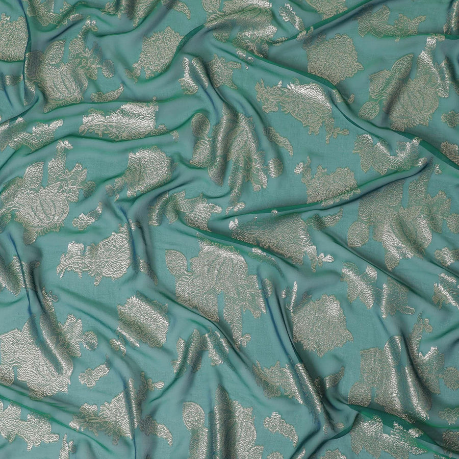 قماش شيفون حريري فرنسي (فرنساوي) فاخر باللون الأخضر الغابة مع لوركس معدني ذهبي بتصميم زهور-D16292