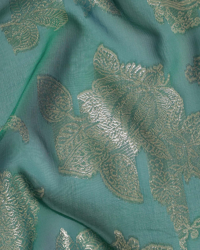 قماش شيفون حريري فرنسي (فرنساوي) فاخر باللون الأخضر الغابة مع لوركس معدني ذهبي بتصميم زهور-D16292