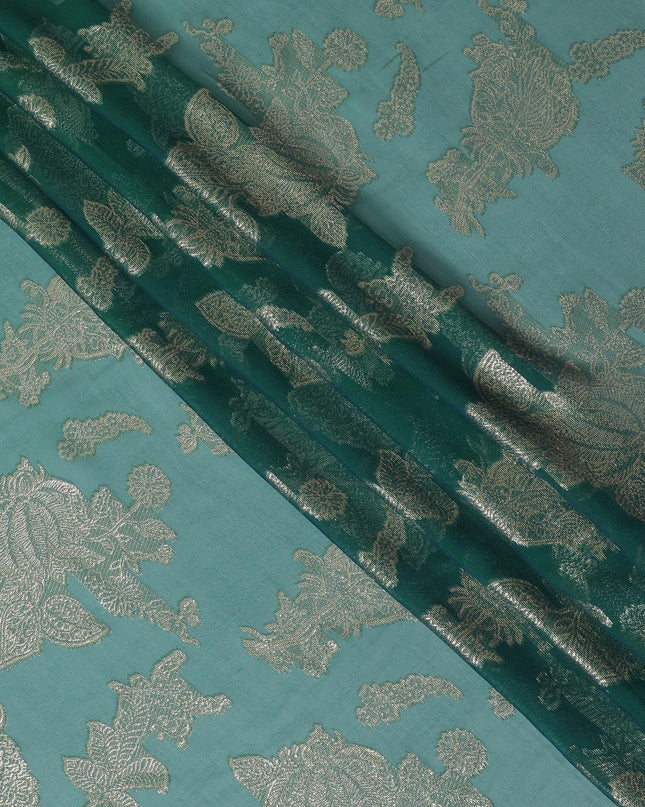 قماش شيفون حريري فرنسي (فرنساوي) فاخر باللون الأخضر الغابة مع لوركس معدني ذهبي بتصميم زهور-D16292