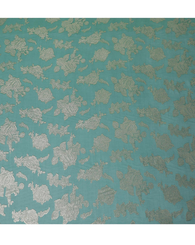 قماش شيفون حريري فرنسي (فرنساوي) فاخر باللون الأخضر الغابة مع لوركس معدني ذهبي بتصميم زهور-D16292