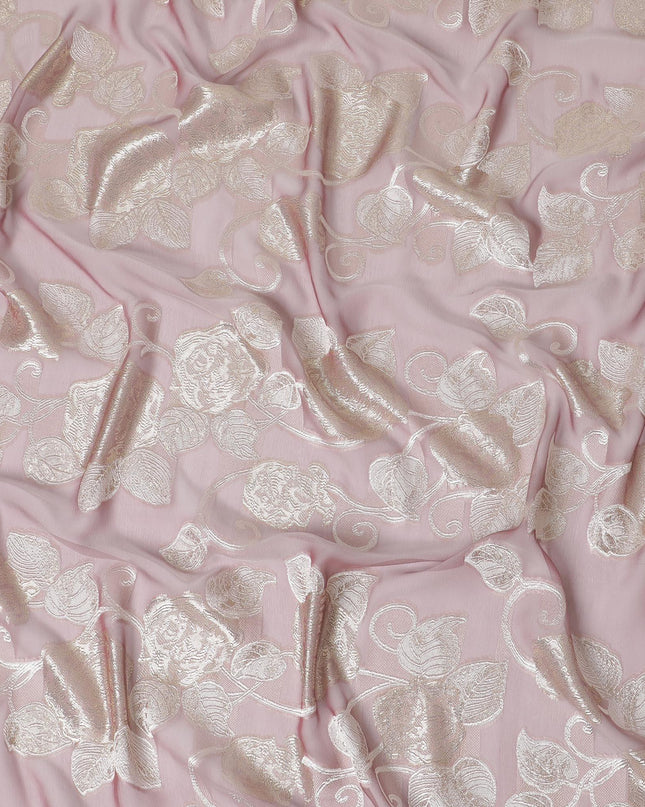 قماش شيفون حريري فرنسي (فرنساوي) فاخر باللون الوردي الوردي بنفس اللون، فيسكوز بيج مع لوركس معدني ذهبي بتصميم زهور -D16294