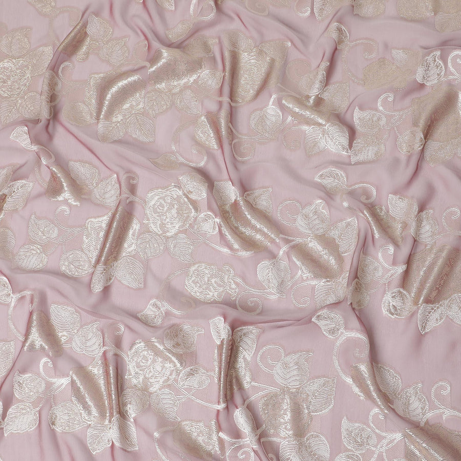 قماش شيفون حريري فرنسي (فرنساوي) فاخر باللون الوردي الوردي بنفس اللون، فيسكوز بيج مع لوركس معدني ذهبي بتصميم زهور -D16294