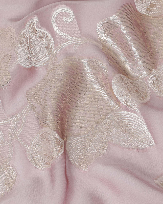 قماش شيفون حريري فرنسي (فرنساوي) فاخر باللون الوردي الوردي بنفس اللون، فيسكوز بيج مع لوركس معدني ذهبي بتصميم زهور -D16294