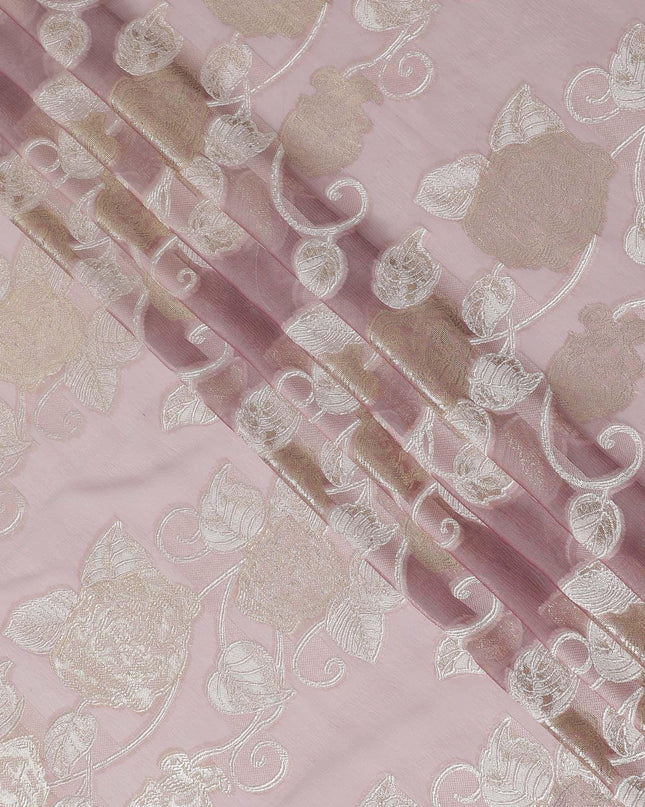 قماش شيفون حريري فرنسي (فرنساوي) فاخر باللون الوردي الوردي بنفس اللون، فيسكوز بيج مع لوركس معدني ذهبي بتصميم زهور -D16294