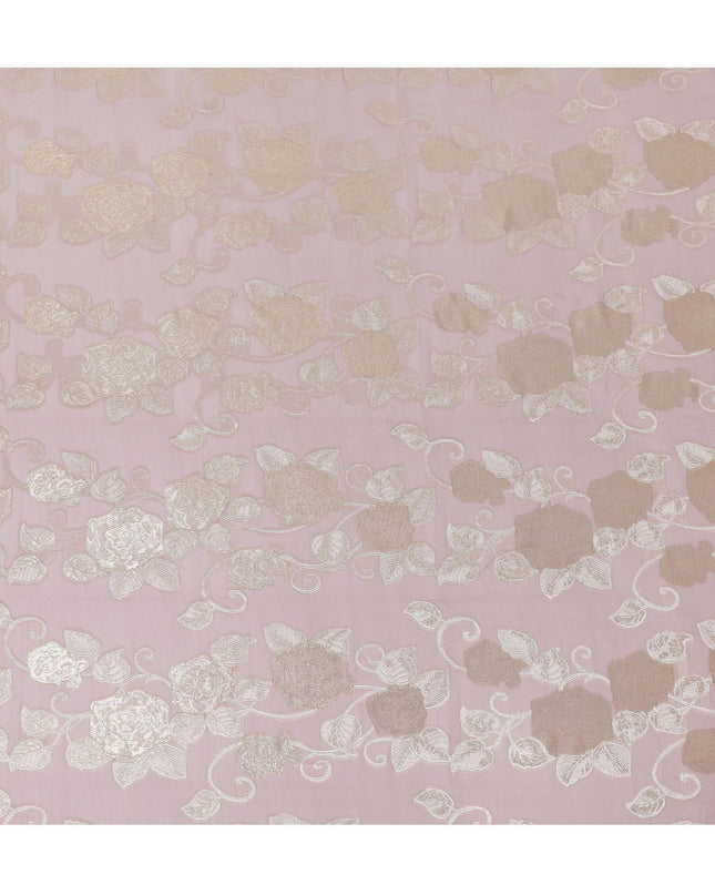 قماش شيفون حريري فرنسي (فرنساوي) فاخر باللون الوردي الوردي بنفس اللون، فيسكوز بيج مع لوركس معدني ذهبي بتصميم زهور -D16294