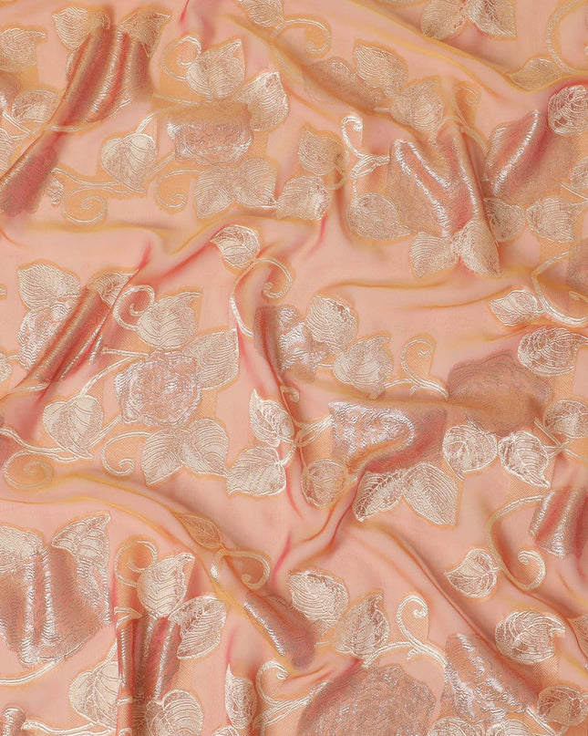 قماش شيفون حريري فرنسي (فرنساوي) برتقالي فاخر بنفس اللون، فيسكوز بيج مع لوركس معدني ذهبي بتصميم زهور -D16295