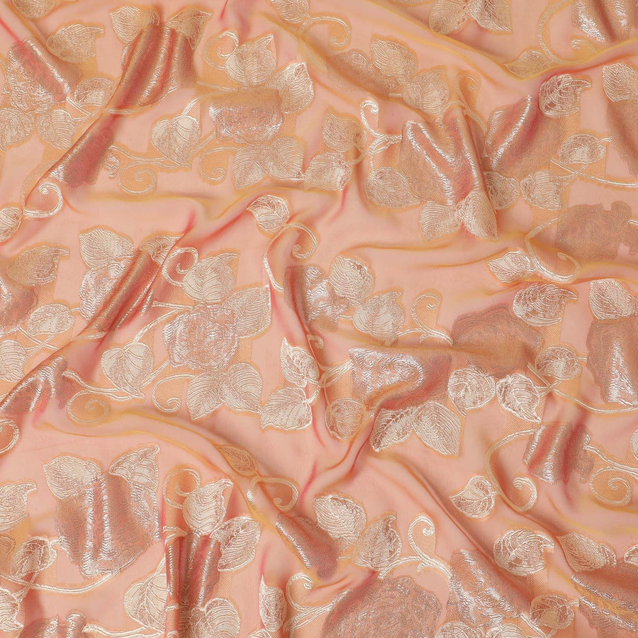 Orange Premium pure French (Fransawi) silk chiffon fabric with same tone, beige viscose having gold metallic lurex in floral design-D16295