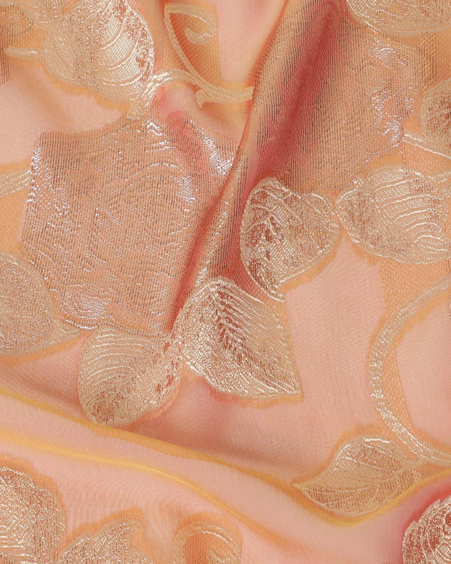 قماش شيفون حريري فرنسي (فرنساوي) برتقالي فاخر بنفس اللون، فيسكوز بيج مع لوركس معدني ذهبي بتصميم زهور -D16295
