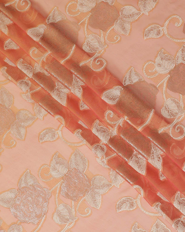 قماش شيفون حريري فرنسي (فرنساوي) برتقالي فاخر بنفس اللون، فيسكوز بيج مع لوركس معدني ذهبي بتصميم زهور -D16295