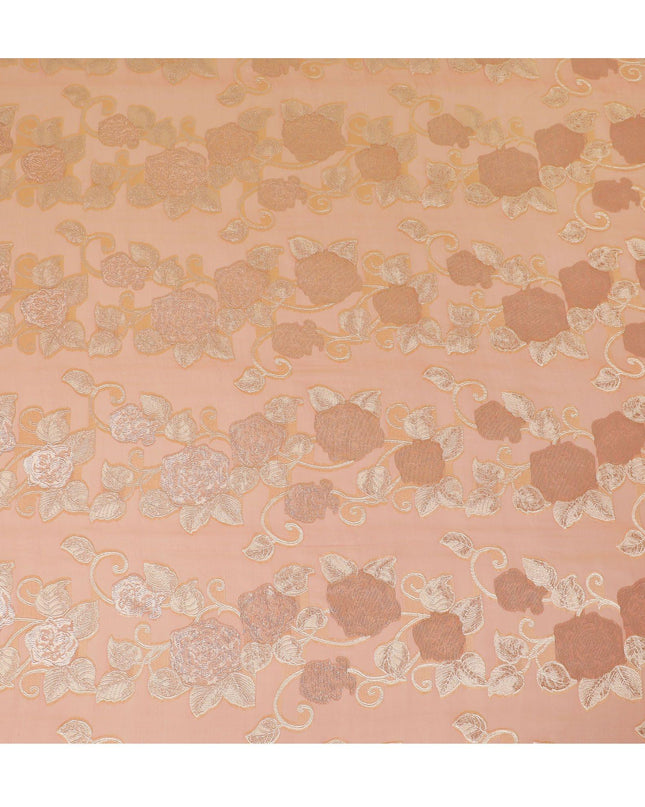 قماش شيفون حريري فرنسي (فرنساوي) برتقالي فاخر بنفس اللون، فيسكوز بيج مع لوركس معدني ذهبي بتصميم زهور -D16295