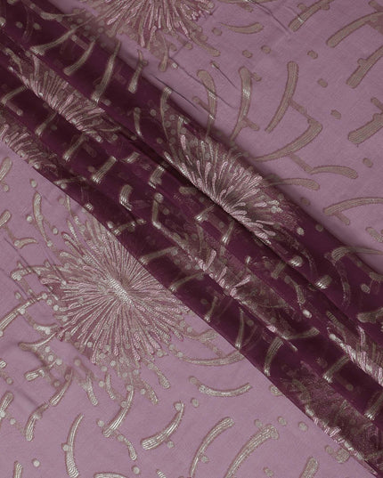 وردي أرجواني داكن قماش شيفون حريري فرنسي (فرنساوي) فاخر مع فيسكوز وردي فاتح ولوريكس معدني ذهبي بتصميم زهور-D16297