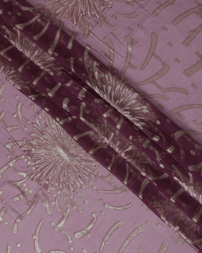 وردي أرجواني داكن قماش شيفون حريري فرنسي (فرنساوي) فاخر مع فيسكوز وردي فاتح ولوريكس معدني ذهبي بتصميم زهور-D16297