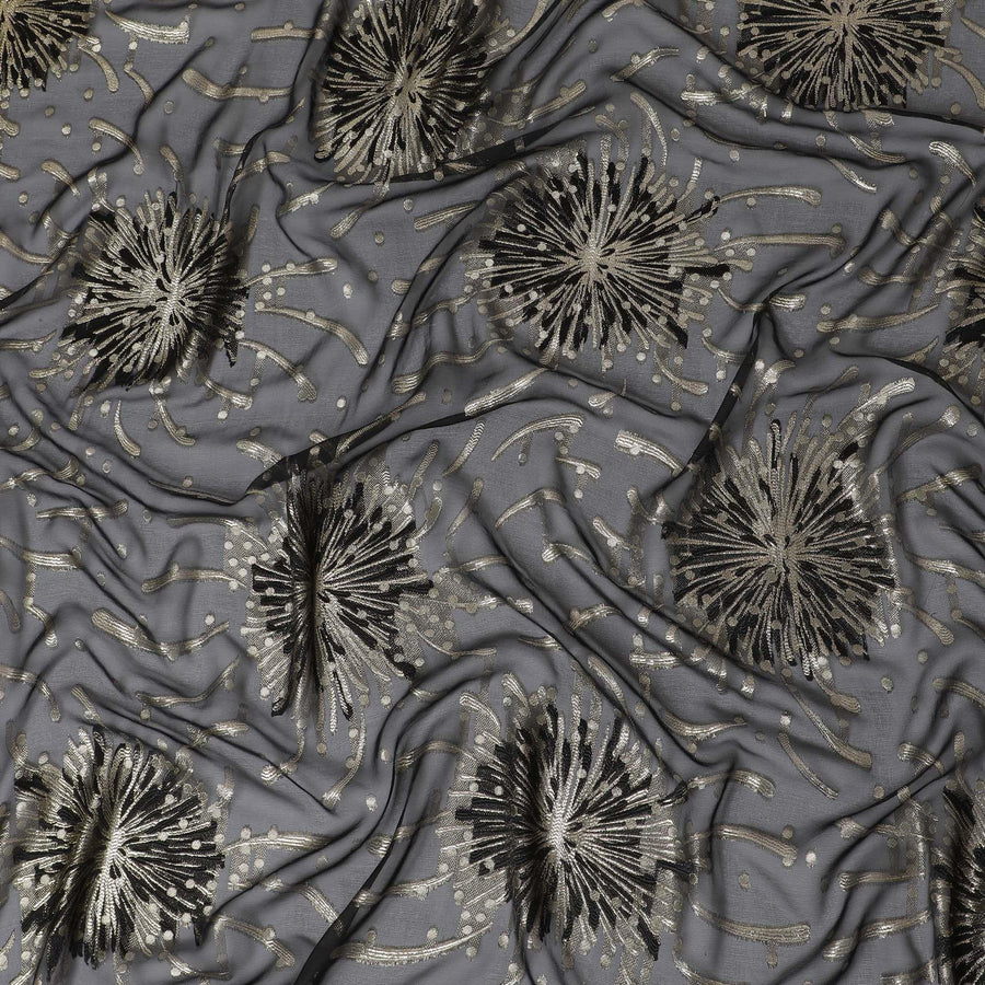 Black pink Premium pure French (Fransawi) silk chiffon fabric with same tone viscose and gold metallic lurex in floral design-D16298