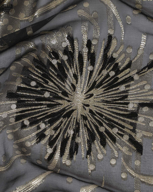 Black pink Premium pure French (Fransawi) silk chiffon fabric with same tone viscose and gold metallic lurex in floral design-D16298