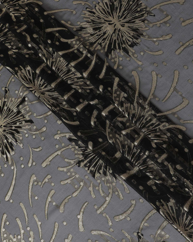 Black pink Premium pure French (Fransawi) silk chiffon fabric with same tone viscose and gold metallic lurex in floral design-D16298