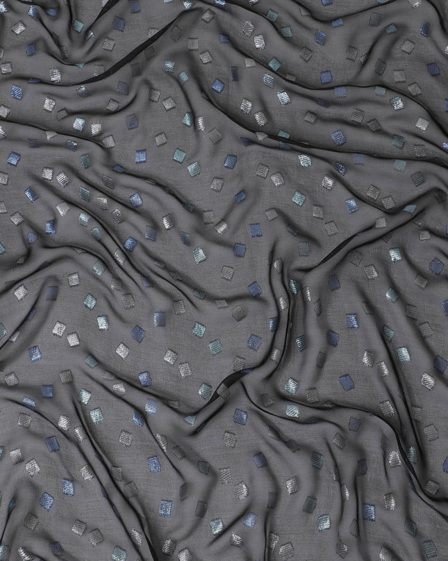 Black Premium pure French (Fransawi) silk chiffon fabric with blue and silver metallic lurex in geometric design-D16438