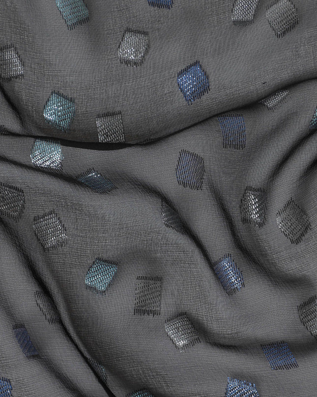 Black Premium pure French (Fransawi) silk chiffon fabric with blue and silver metallic lurex in geometric design-D16438