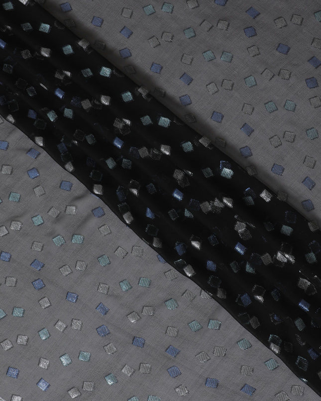 Black Premium pure French (Fransawi) silk chiffon fabric with blue and silver metallic lurex in geometric design-D16438