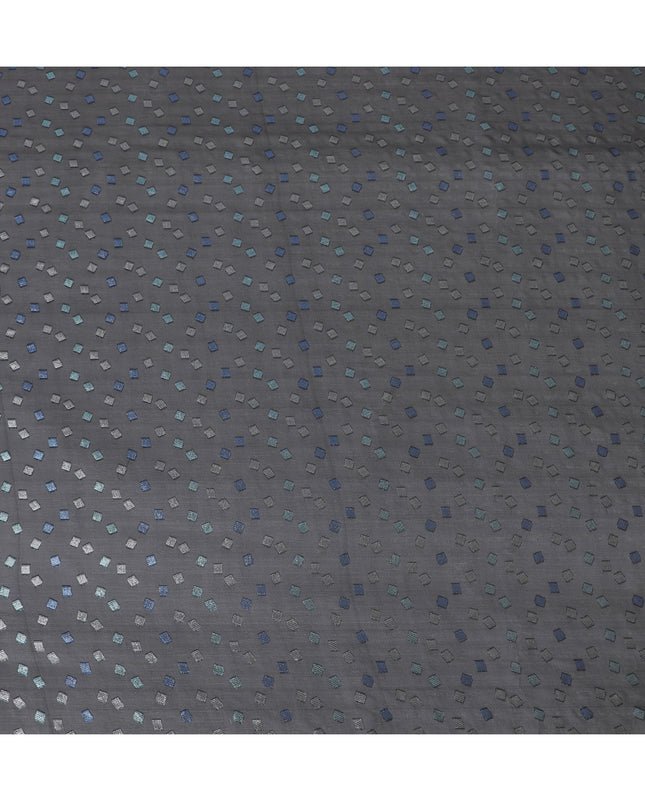 Black Premium pure French (Fransawi) silk chiffon fabric with blue and silver metallic lurex in geometric design-D16438