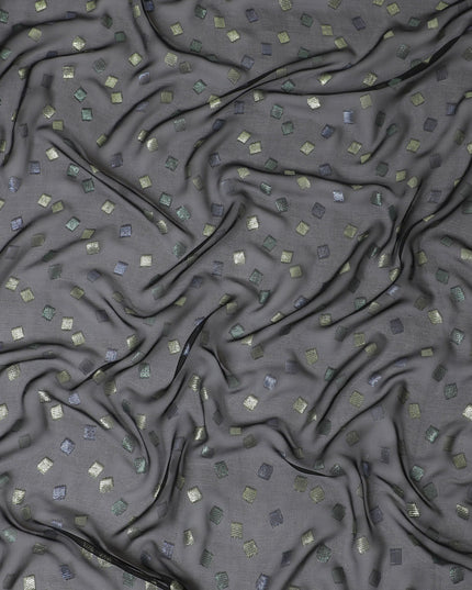 Black Premium pure French (Fransawi) silk chiffon fabric with blue and lime green metallic lurex in geometric design-D16439