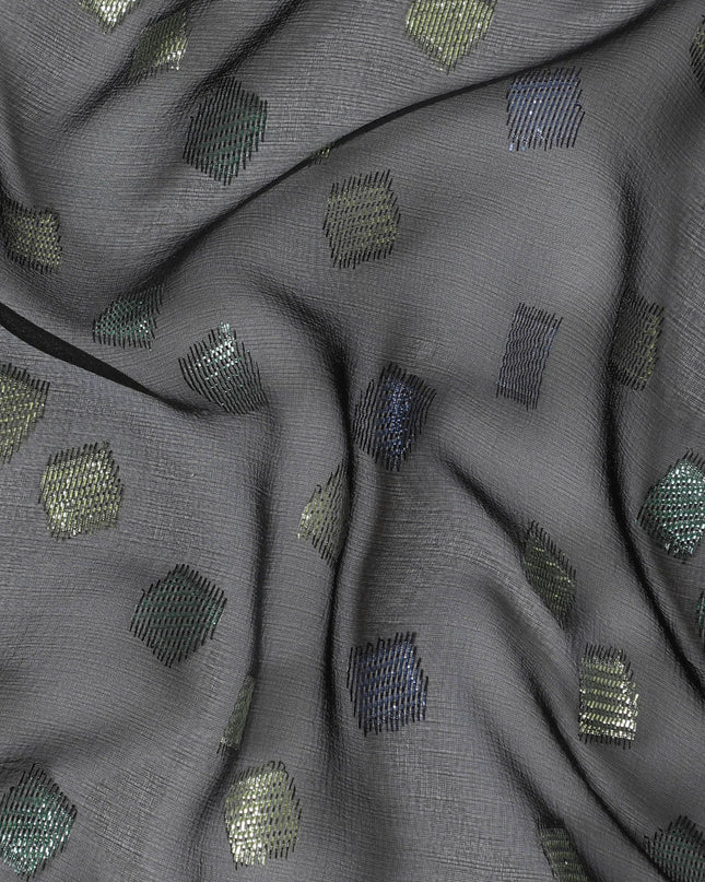 Black Premium pure French (Fransawi) silk chiffon fabric with blue and lime green metallic lurex in geometric design-D16439