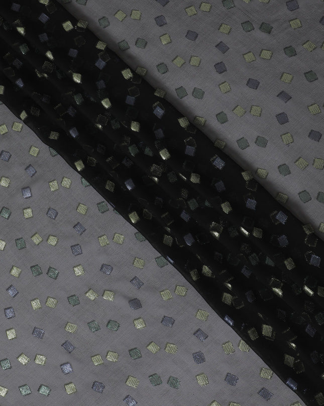Black Premium pure French (Fransawi) silk chiffon fabric with blue and lime green metallic lurex in geometric design-D16439
