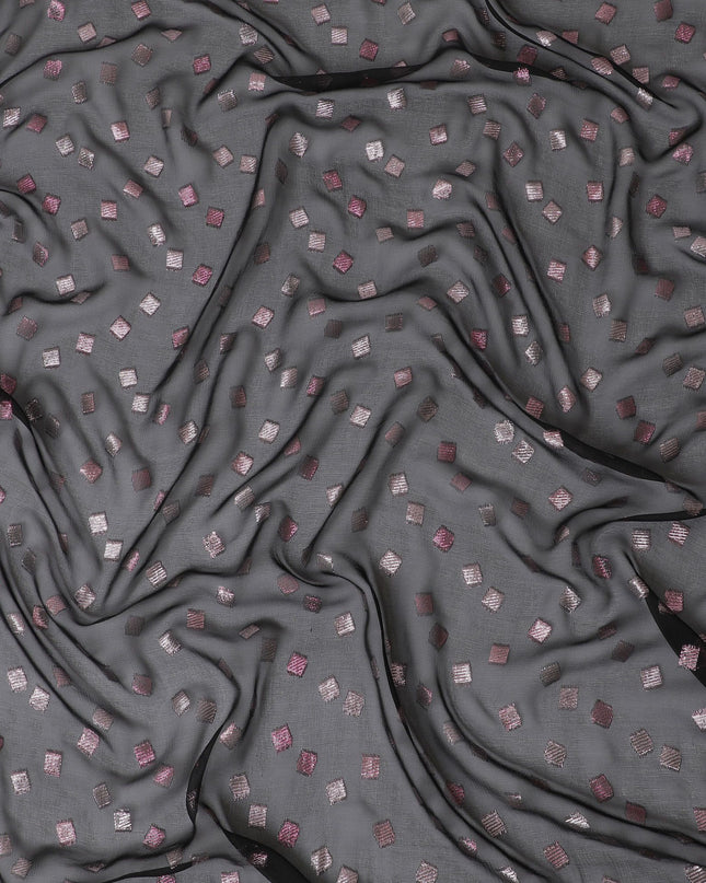 Black Premium pure French (Fransawi) silk chiffon fabric with light pink metallic lurex in geometric design-D16440
