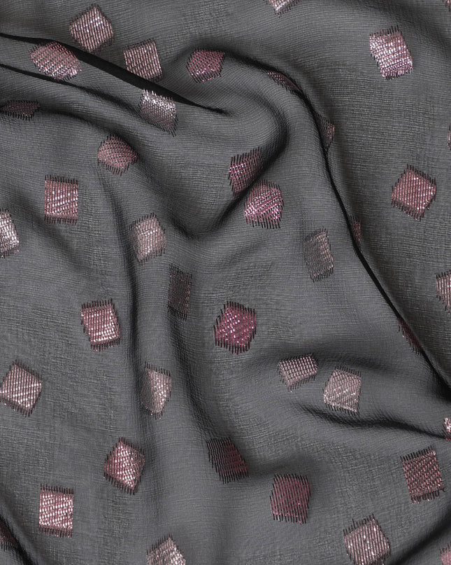 Black Premium pure French (Fransawi) silk chiffon fabric with light pink metallic lurex in geometric design-D16440