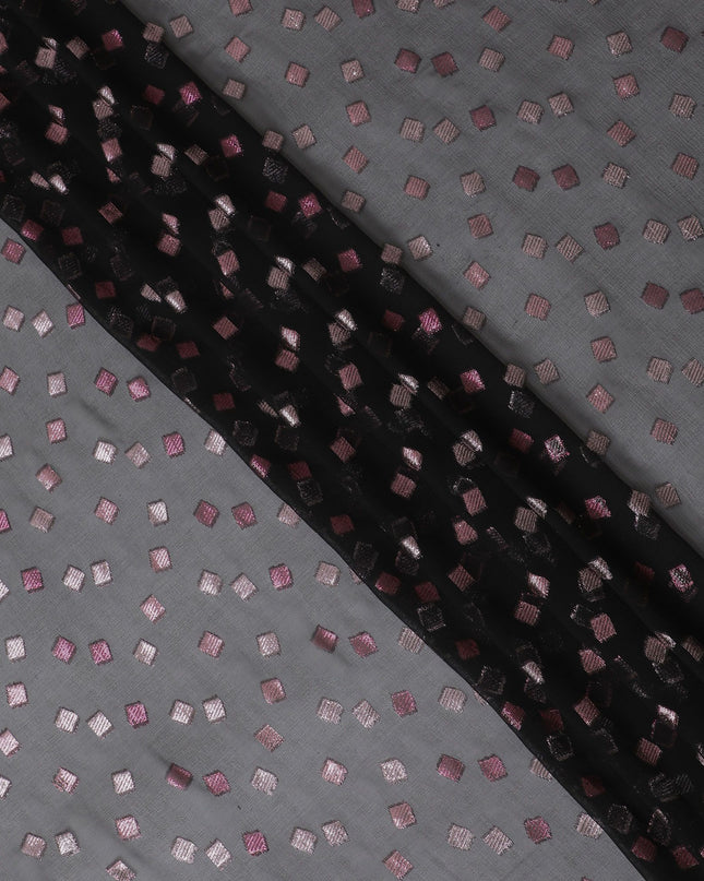 Black Premium pure French (Fransawi) silk chiffon fabric with light pink metallic lurex in geometric design-D16440