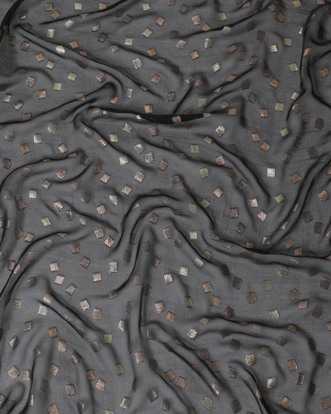 Black Premium pure French (Fransawi) silk chiffon fabric with gold and copper metallic lurex in geometric design-D16441