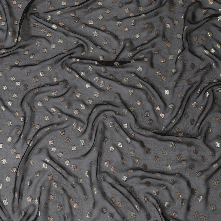 Black Premium pure French (Fransawi) silk chiffon fabric with gold and copper metallic lurex in geometric design-D16441 Regal Fabrics
