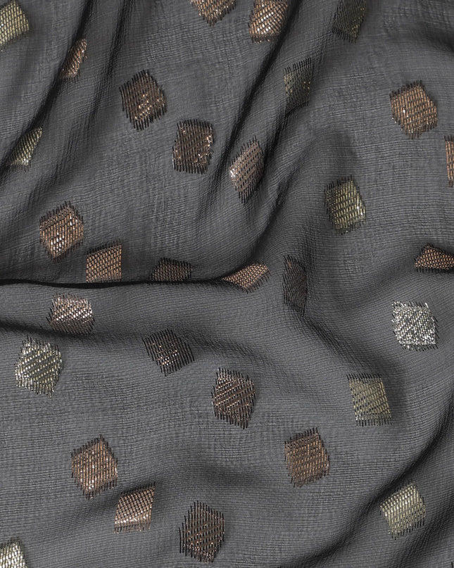 Black Premium pure French (Fransawi) silk chiffon fabric with gold and copper metallic lurex in geometric design-D16441