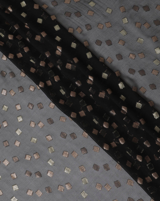 Black Premium pure French (Fransawi) silk chiffon fabric with gold and copper metallic lurex in geometric design-D16441