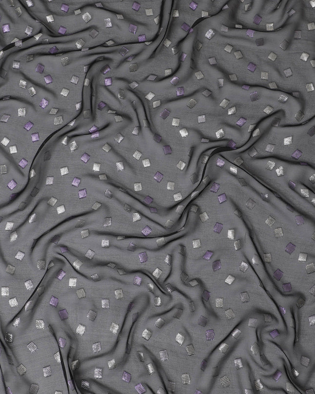 Black Premium pure French (Fransawi) silk chiffon fabric with purple and silver metallic lurex in geometric design-D16442
