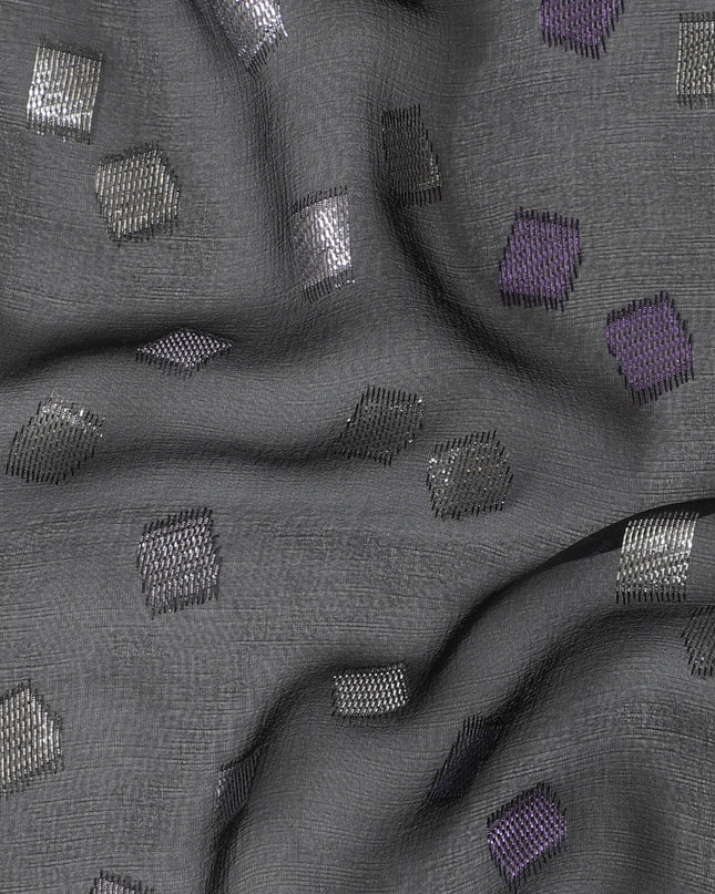 Black Premium pure French (Fransawi) silk chiffon fabric with purple and silver metallic lurex in geometric design-D16442