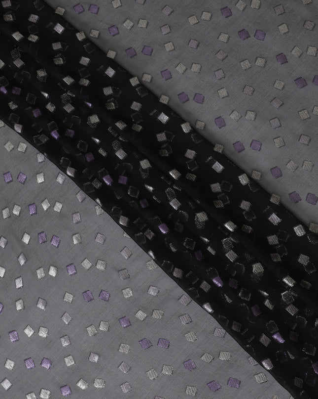Black Premium pure French (Fransawi) silk chiffon fabric with purple and silver metallic lurex in geometric design-D16442