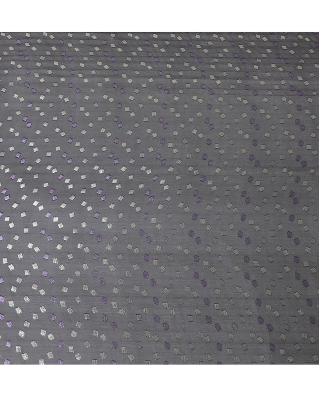 Black Premium pure French (Fransawi) silk chiffon fabric with purple and silver metallic lurex in geometric design-D16442