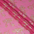 Hot pink Premium pure silk chiffon fabric with gold and silver metallic lurex in floral design-D16443