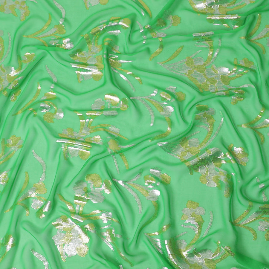 Lime green Premium pure silk chiffon fabric with gold and silver metallic lurex in floral design-D16444