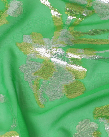 Lime green Premium pure silk chiffon fabric with gold and silver metallic lurex in floral design-D16444