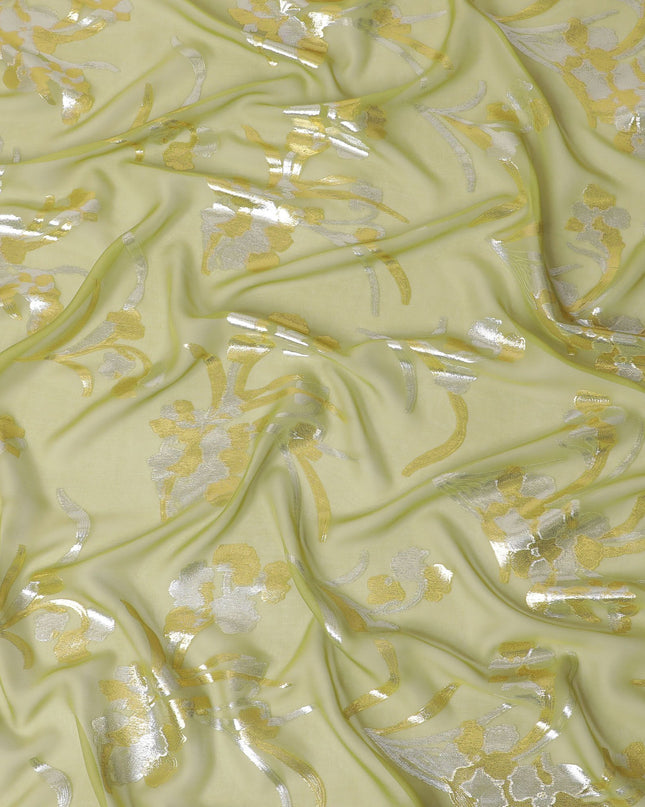 Lime green Premium pure silk chiffon fabric with gold and silver metallic lurex in floral design-D16445