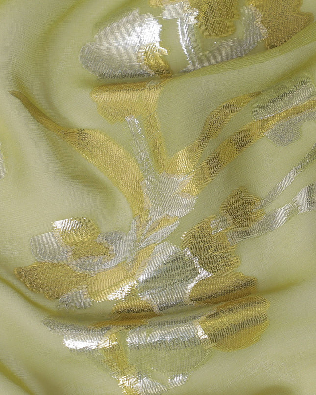 Lime green Premium pure silk chiffon fabric with gold and silver metallic lurex in floral design-D16445