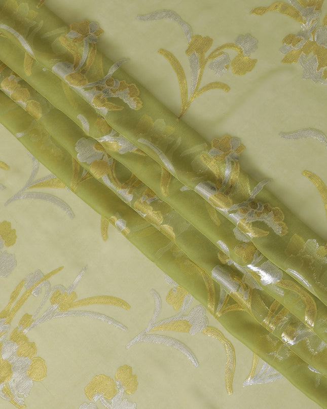 Lime green Premium pure silk chiffon fabric with gold and silver metallic lurex in floral design-D16445