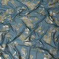Petrol blue Premium pure silk chiffon fabric with gold and silver metallic lurex in floral design-D16446