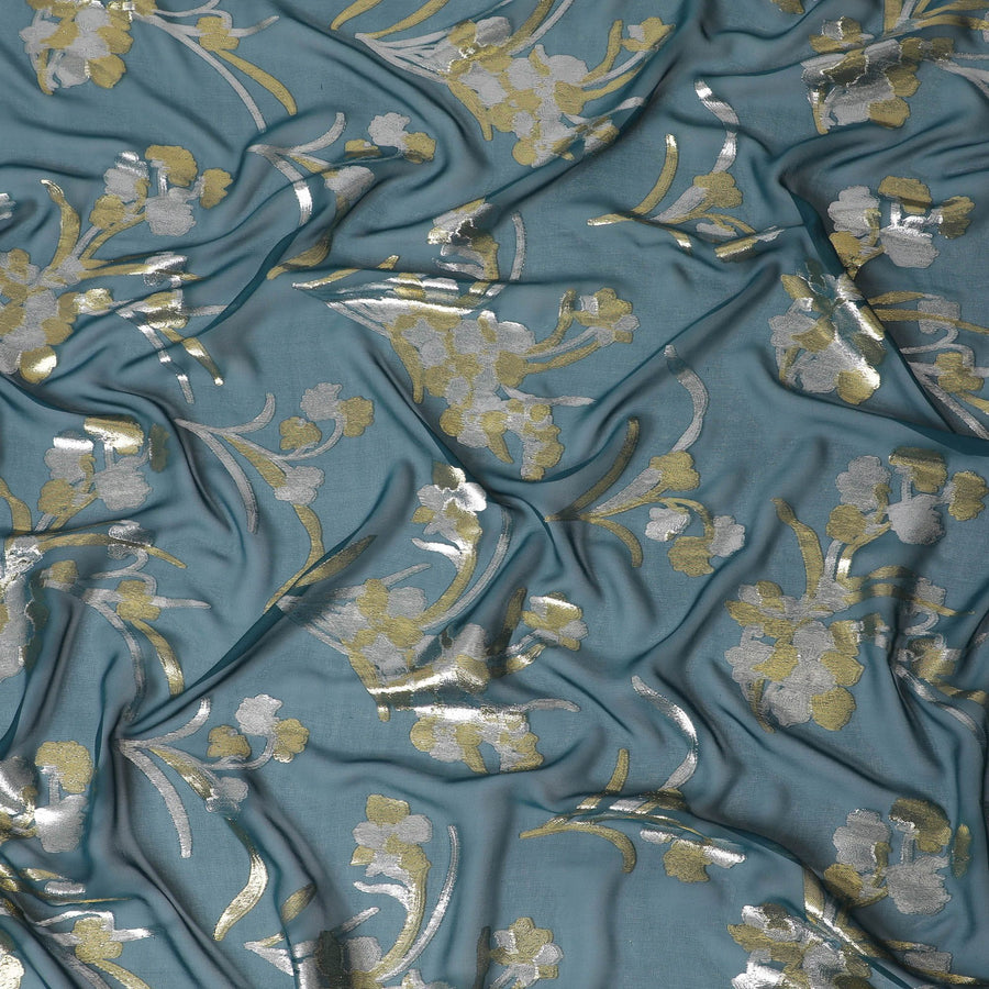 Petrol blue Premium pure silk chiffon fabric with gold and silver metallic lurex in floral design-D16446