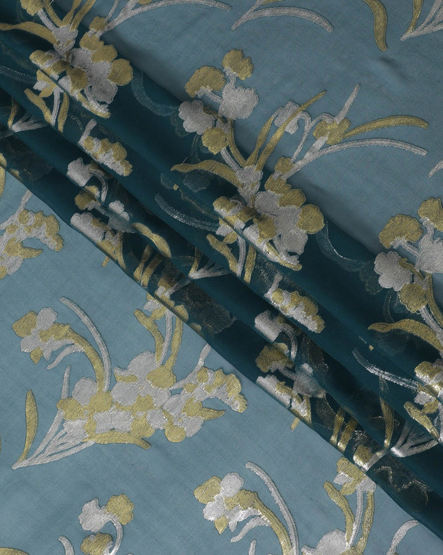 قماش شيفون من الحرير الخالص باللون الأزرق البترولي مع لوركس معدني ذهبي وفضي بتصميم زهور-D16446