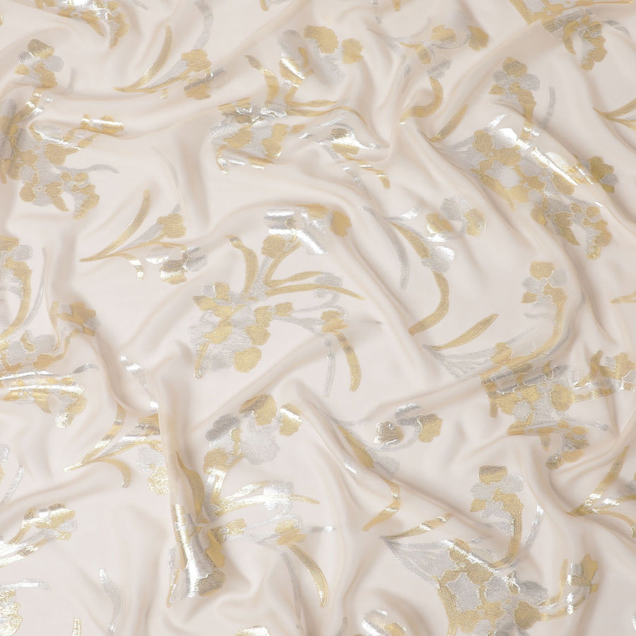 قماش الشيفون الحريري الخالص الكريمي مع اللوريكس المعدني الذهبي والفضي بتصميم الأزهار -D16447