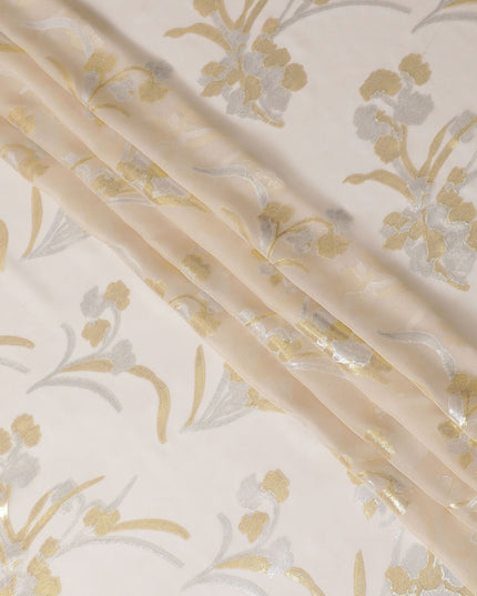 قماش الشيفون الحريري الخالص الكريمي مع اللوريكس المعدني الذهبي والفضي بتصميم الأزهار -D16447