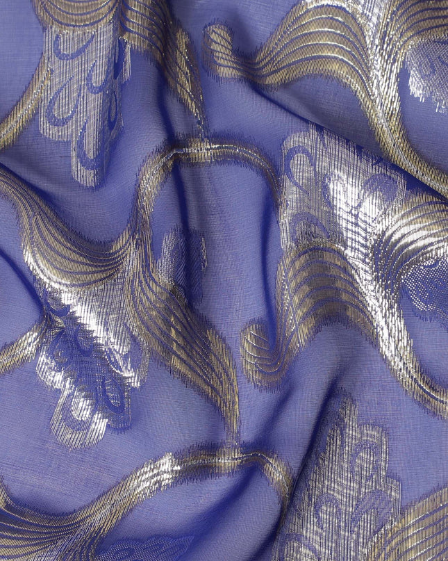 قماش شيفون من الحرير الخالص باللون الأزرق الملكي مع لوركس معدني ذهبي وفضي بتصميم زهور -D16449