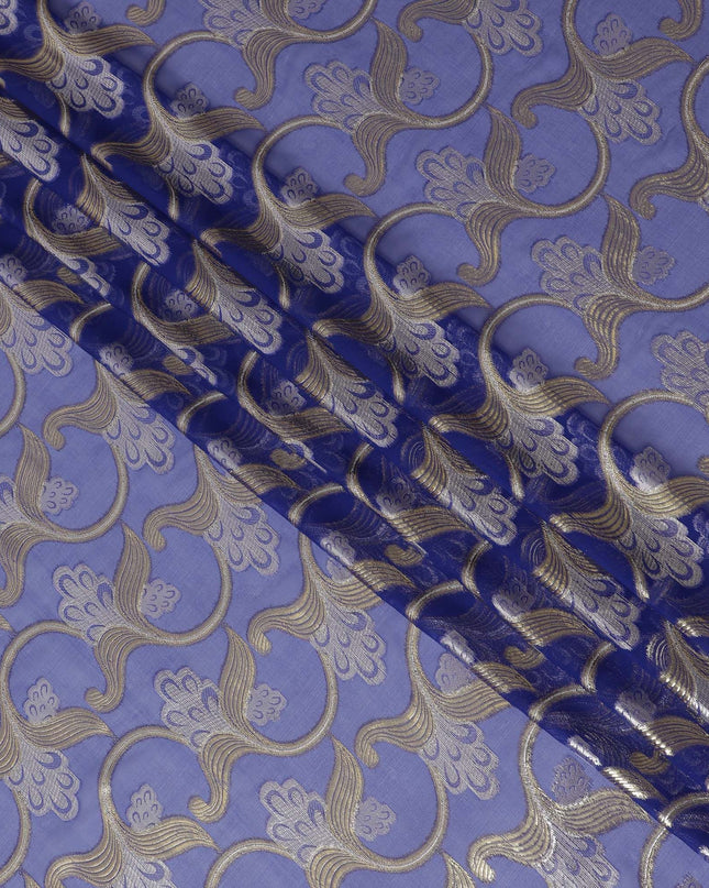 قماش شيفون من الحرير الخالص باللون الأزرق الملكي مع لوركس معدني ذهبي وفضي بتصميم زهور -D16449